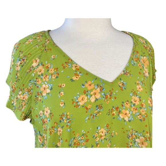 Dr2 Pullover V-Neck Green Floral Pleated Flounce Sleeve Blouse XL NWT - Picture 3 of 10